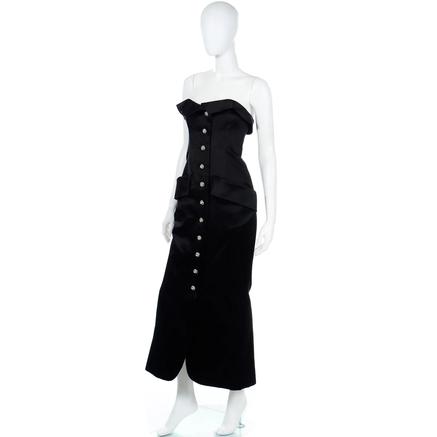 1985 Yves Saint Laurent Black Satin Strapless Evening Dress w Rhinestone Buttons