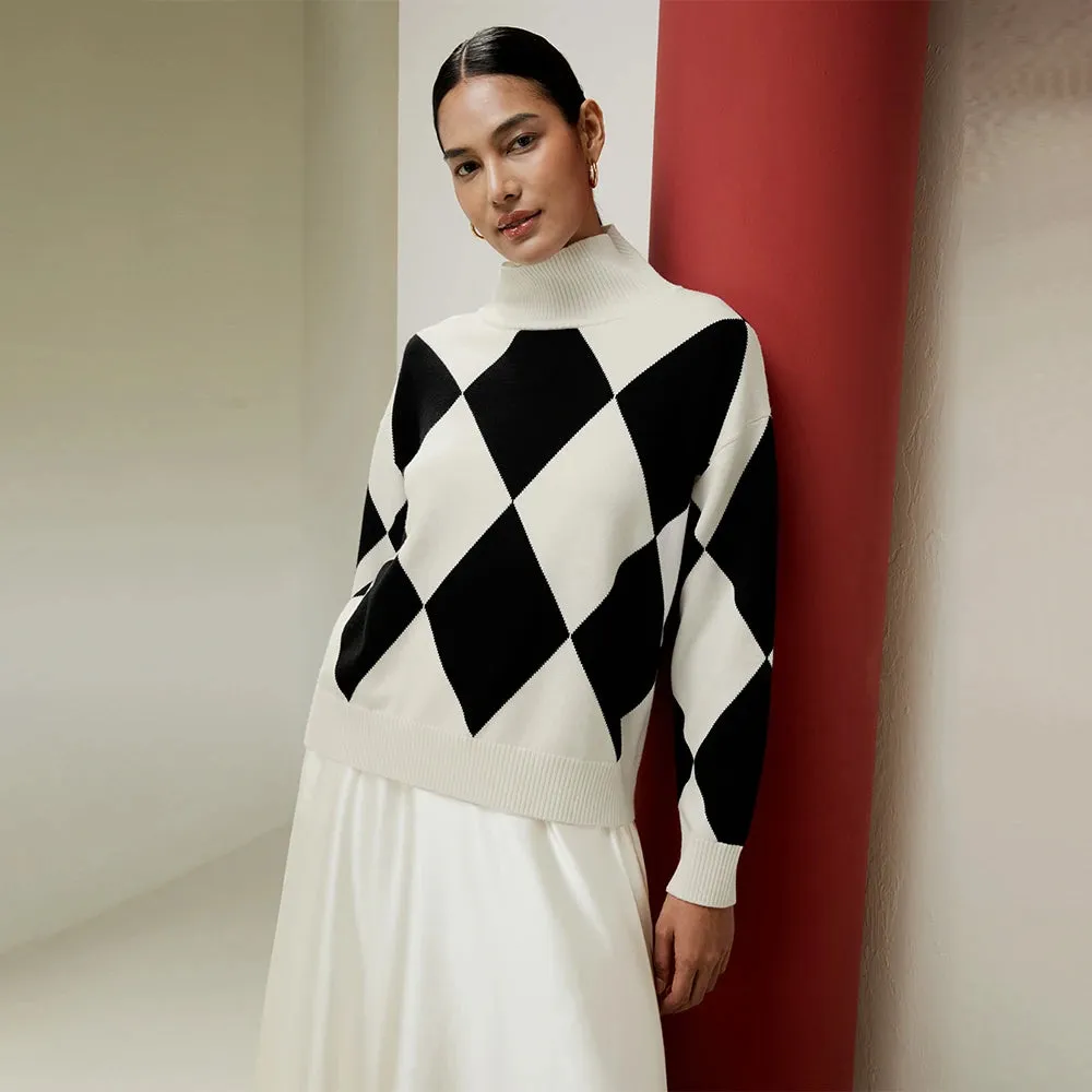 Argyle Preppy Mock Neck Wool Sweater