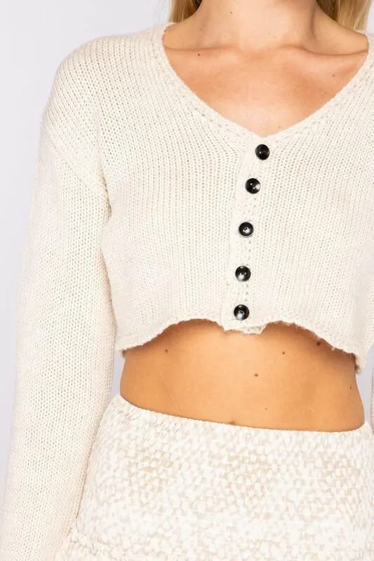Polly Natural Button-Up Cropped Cardigan Sweater