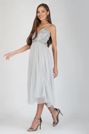 Ruhi Embellished Midi Dress in Grey