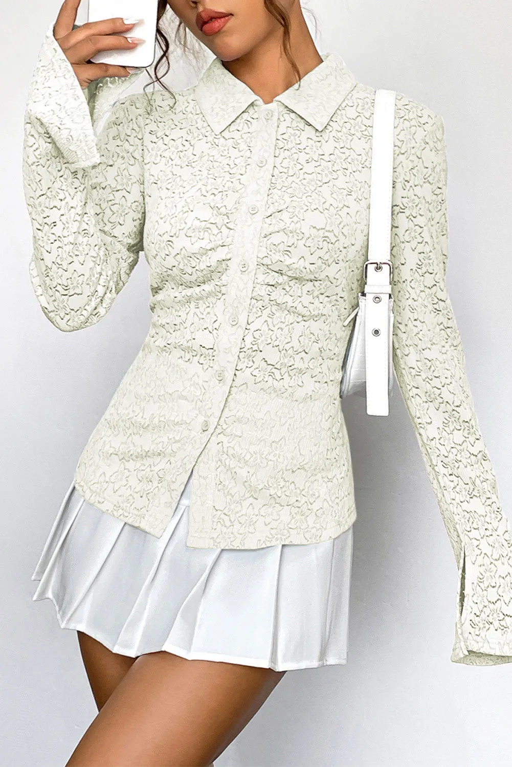 White Lace Button Down Textured Slit Long Sleeve Shirt New Women's Fashion
